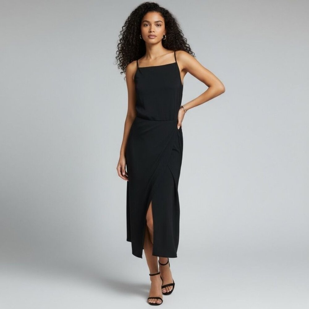 NWT Reformation Midi Wrap Dress 8 Black LBD Square Neck Keyhole Party NEW